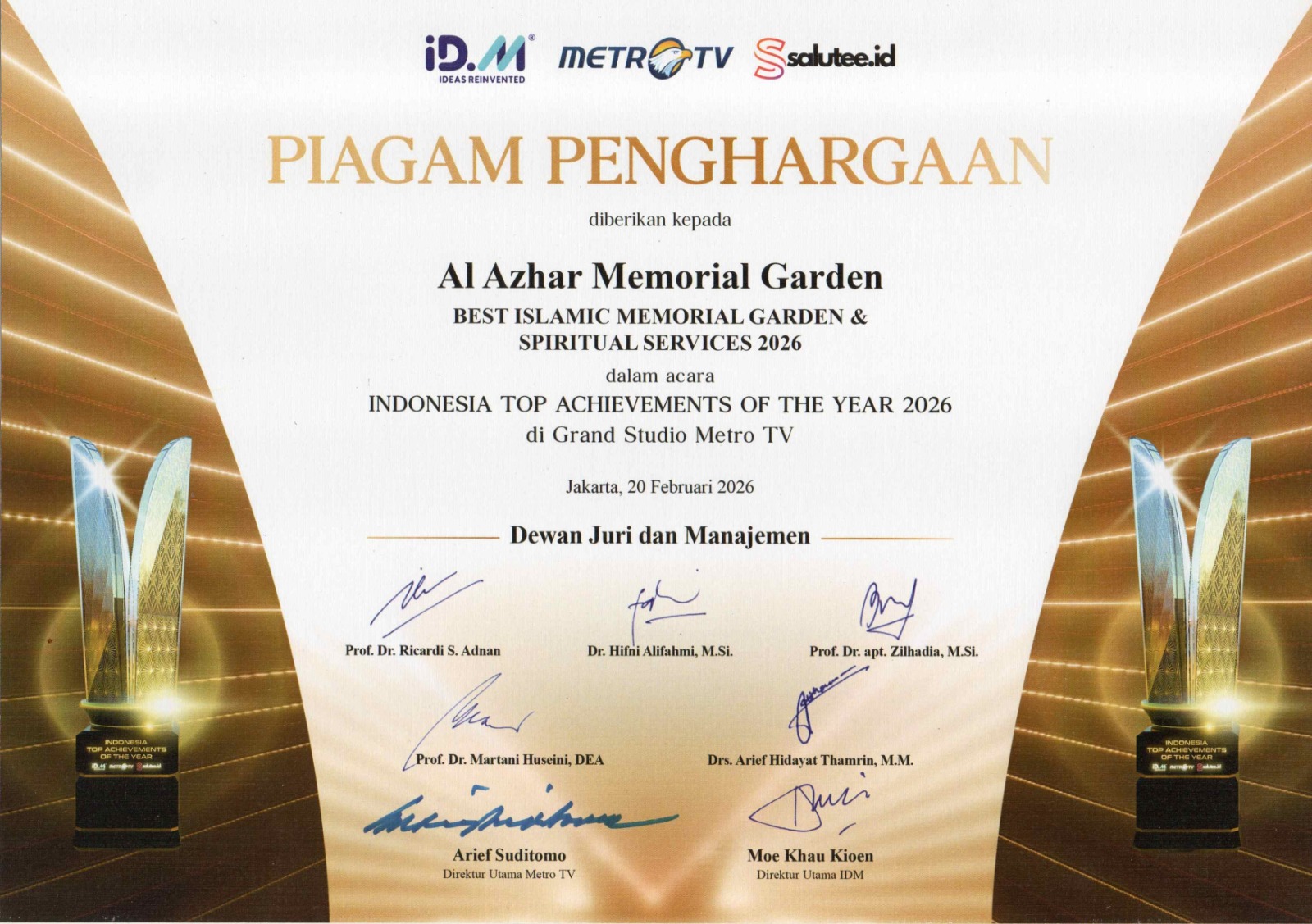 Piagam Penghargaan Best Islamic Memorial Garden & Spiritual Services 2026 dari Metro TV untuk Al Azhar Memorial Garden